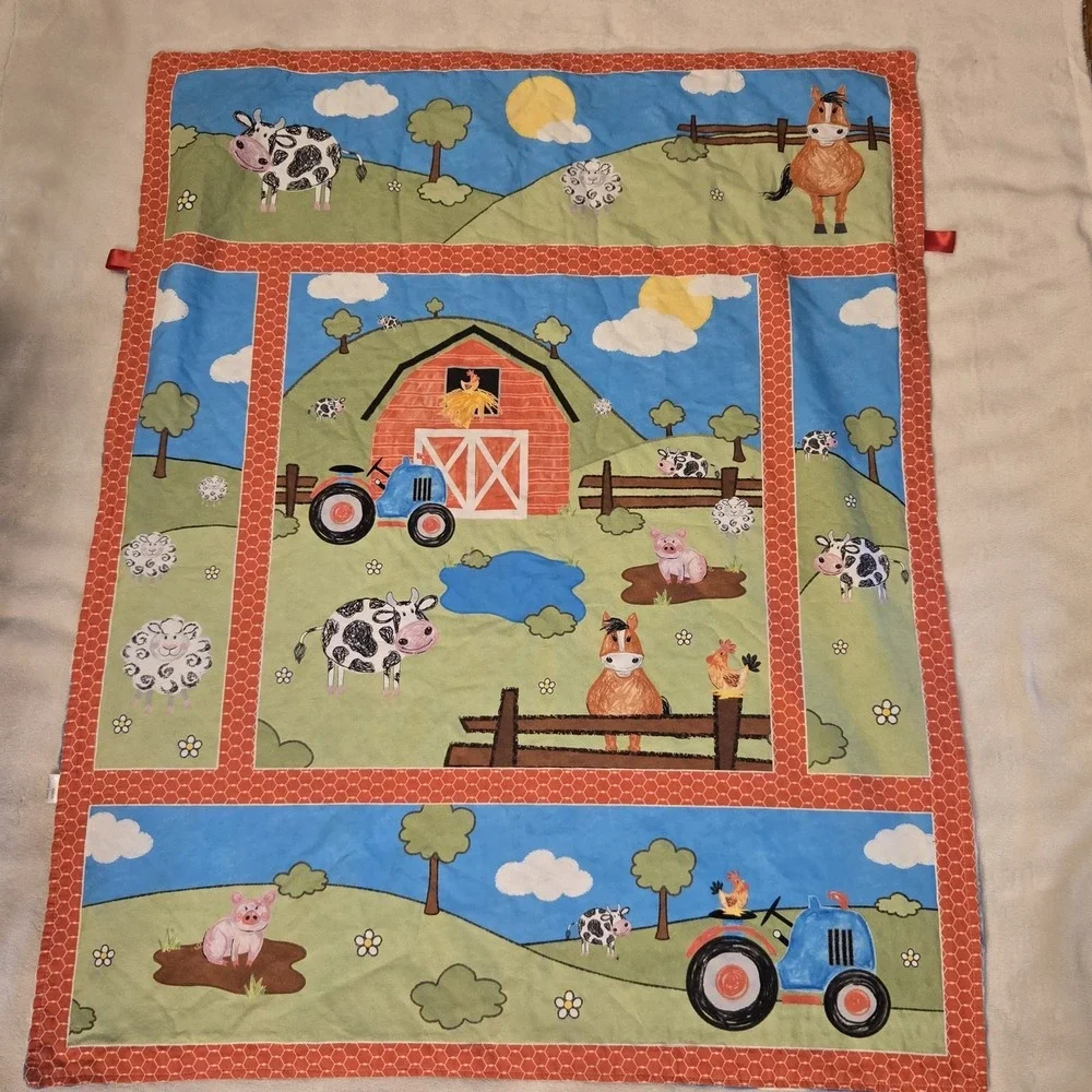 Handmade Farm Animal Baby Quilt Blanket Minky Back Tractor Barn Cow Horse Pig